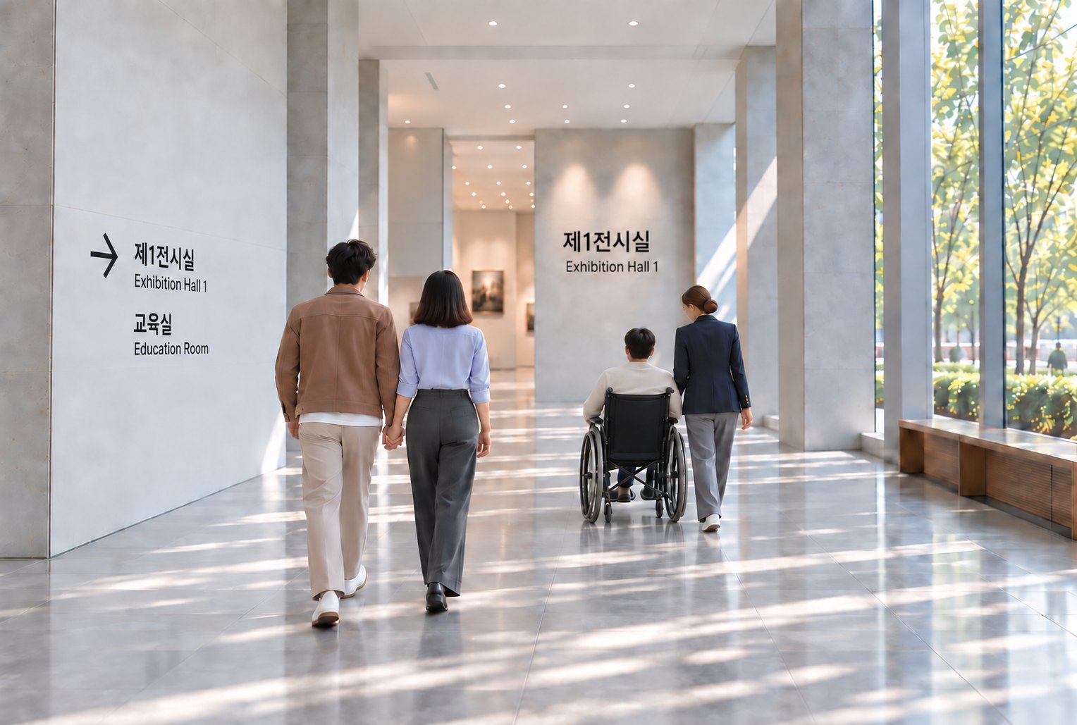 연인과 휠체어 이용자, 동행인이 안내사인을 따라 함께 이동하는 박물관 복도
