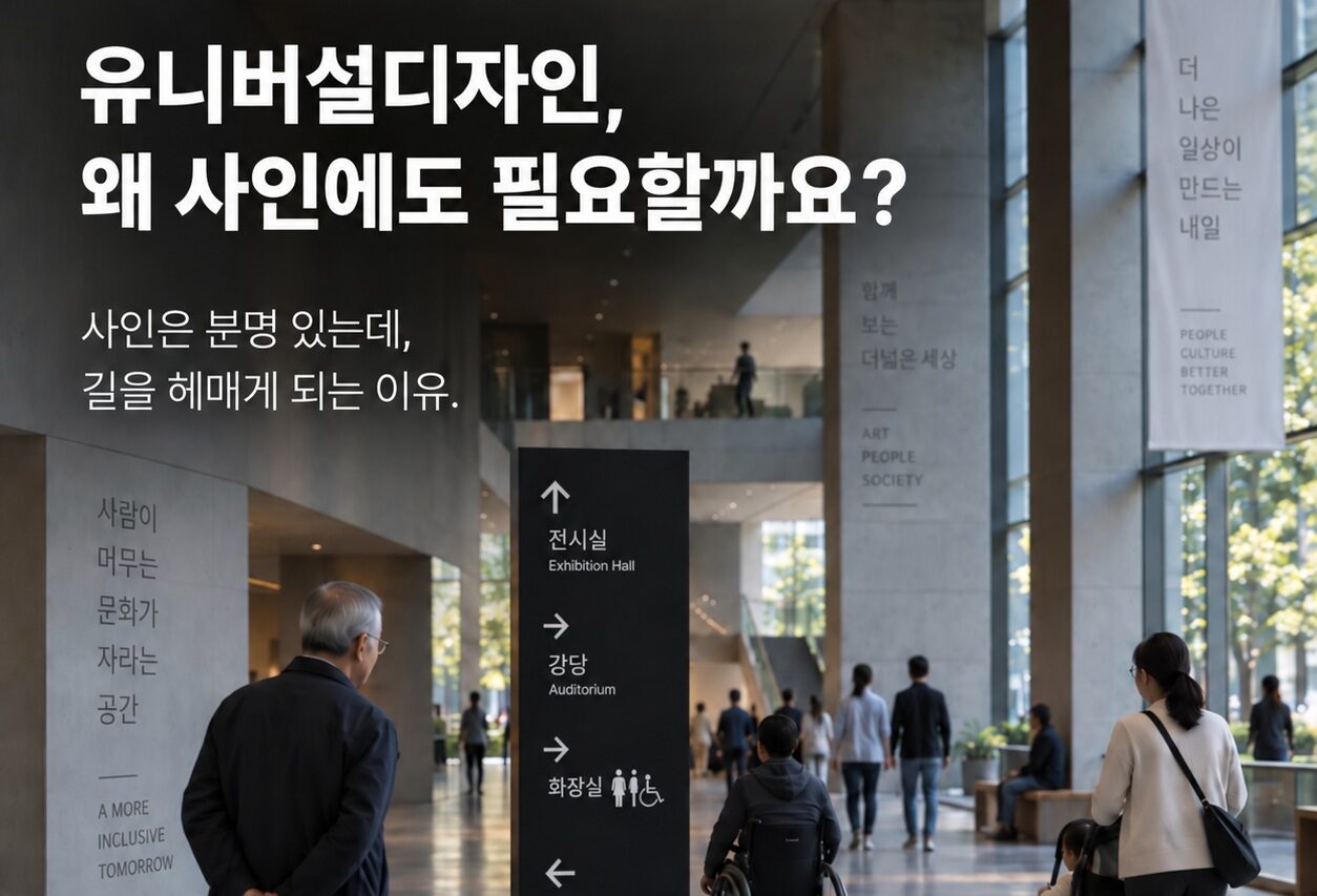 유니버설디자인을 고려한 공간 안내 장면에 ‘유니버설디자인, 왜 사인에도 필요할까요?’ 제목을 배치한 디자인시기 인사이트 표지