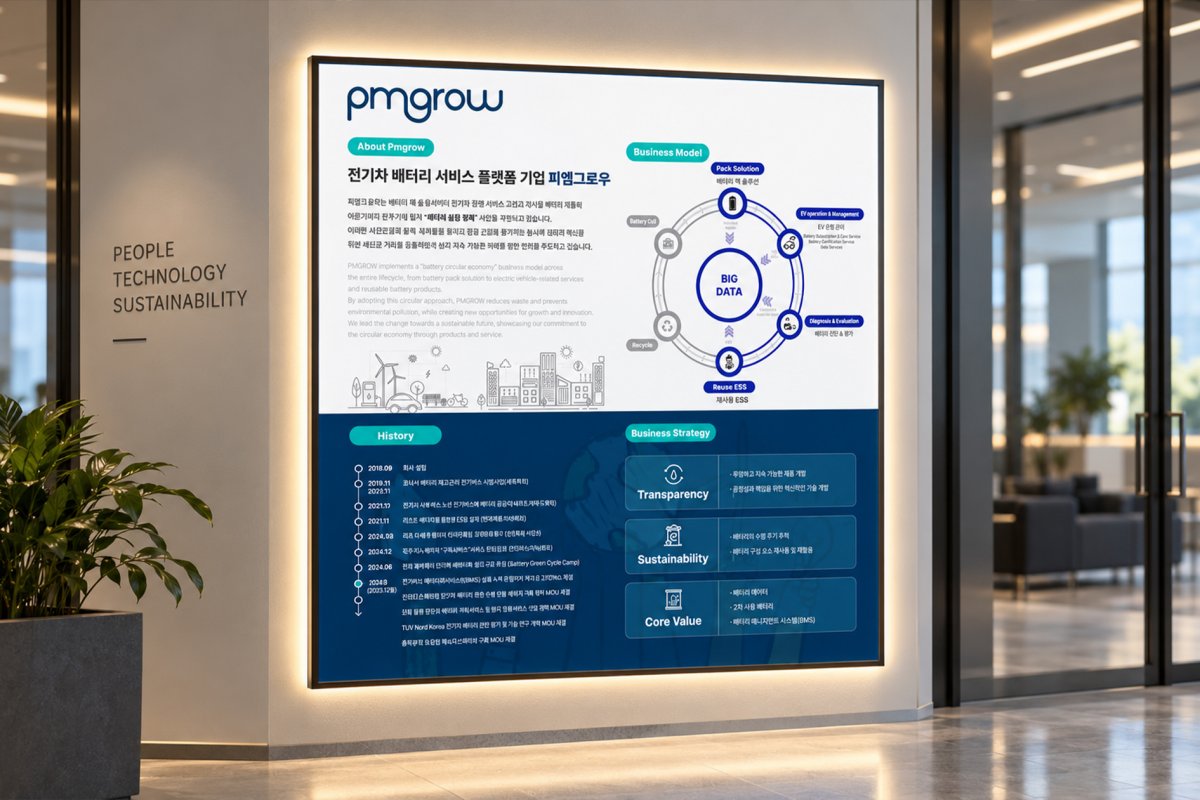 기업 로비 이미지월에 설치된 그래픽디자인 배경의 후광 플렉스 간판