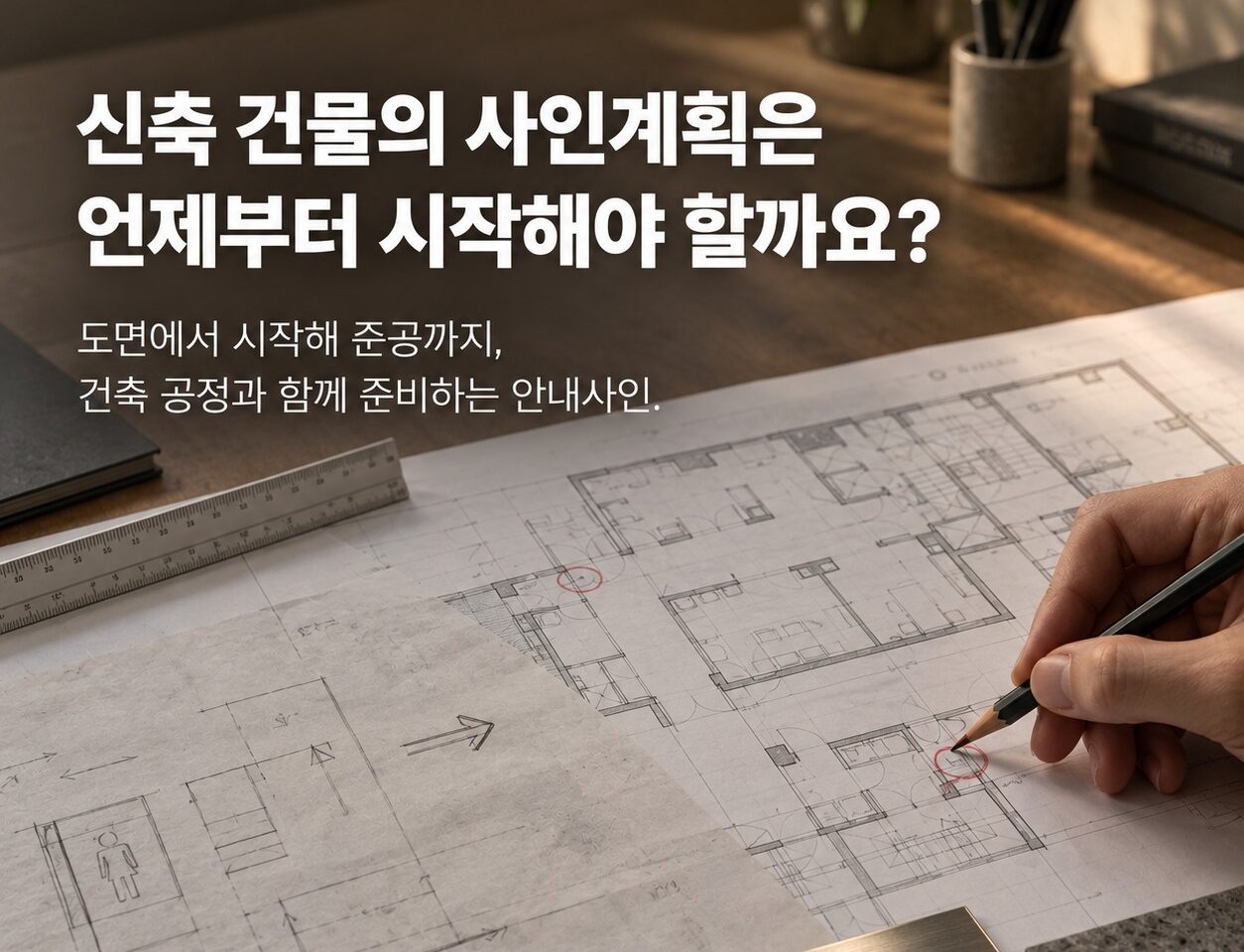 신축 건물의 사인계획은 언제부터 시작해야 할까요? 도면 위에서 동선과 사인 위치를 검토하는 디자인시기 인사이트 대표이미지
