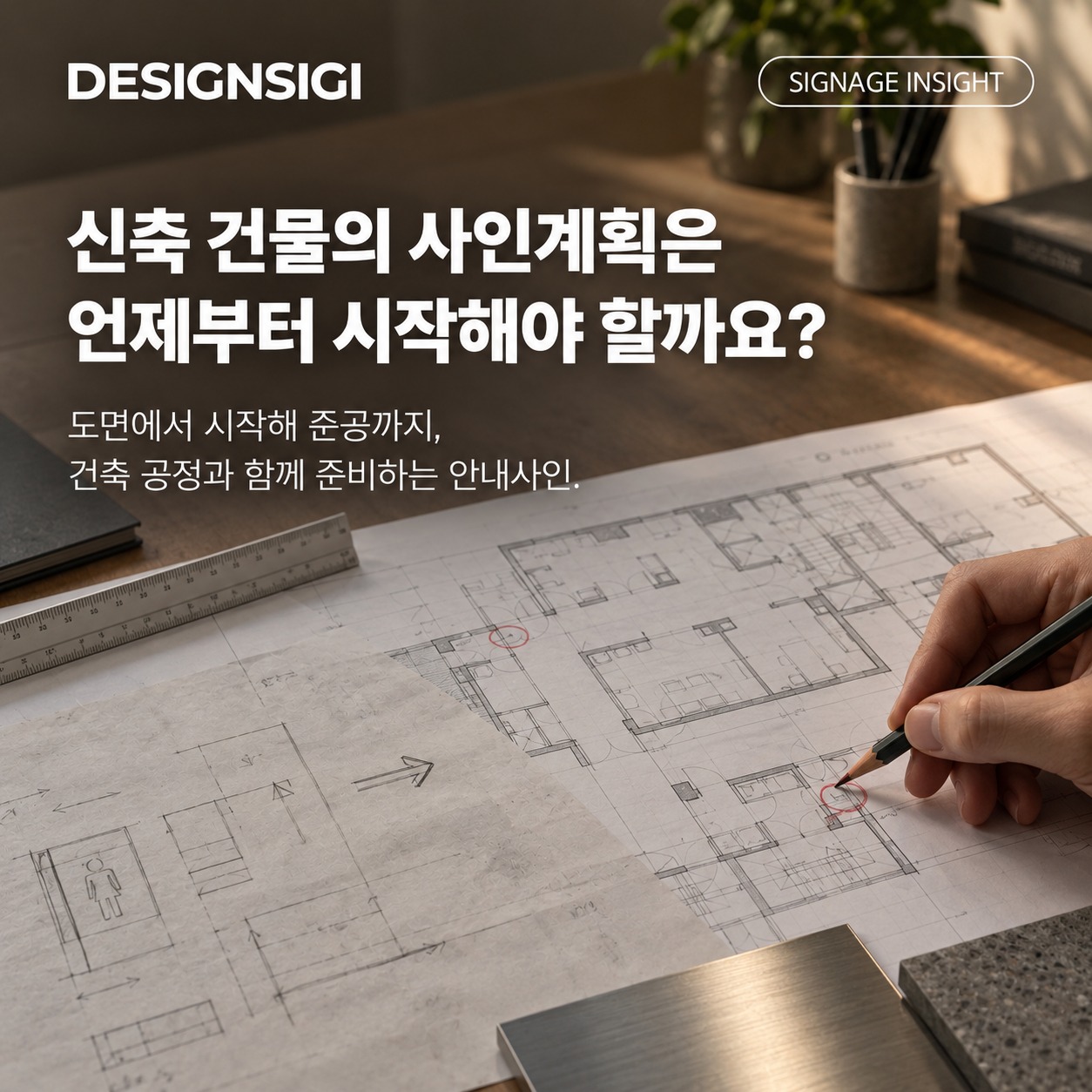 신축 건물의 사인계획은 언제부터 시작해야 할까요? 도면 위에서 동선과 사인 위치를 검토하는 디자인시기 인사이트 대표이미지