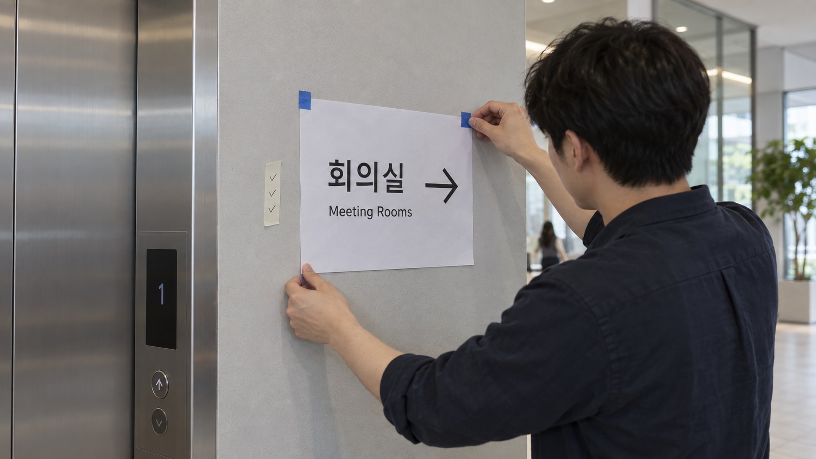 엘리베이터 옆 벽에 종이 방향안내 시안을 붙여 위치를 검토하는 장면